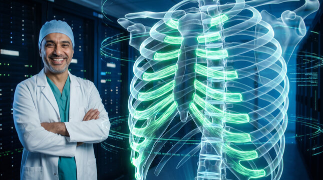 Smiling surgeon standing next to a glowing green holographic 3D projection of a human rib cage skeleton in a high-tech medical server room