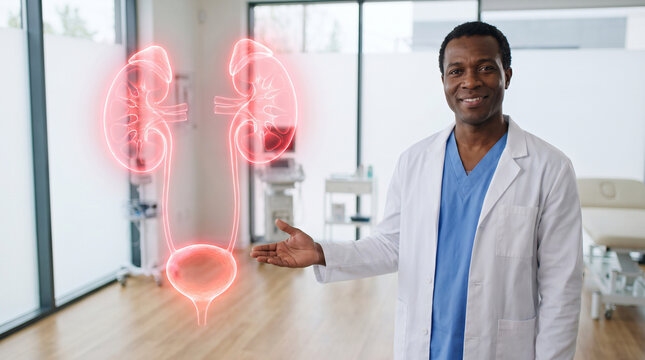 Black medical doctor pointing at 3D holographic projection of urinary system kidneys and bladder for urology education in clinical office