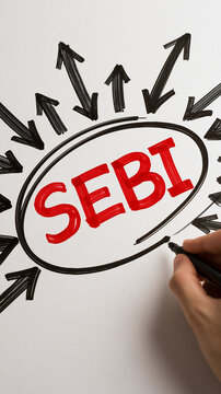 SEBI Concept: A hand draws arrows pointing inwards and outwards from a central circle containing the word SEBI, symbolizing focus and broad reach in financial markets.