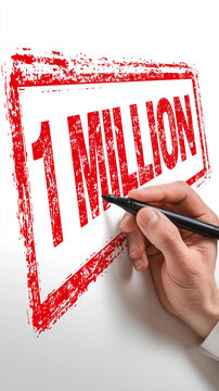 One Million Mark Achieved: A hand holding a marker pen writes 1 MILLION on a textured surface, symbolizing reaching a significant milestone or target.