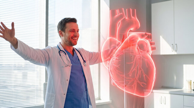 Smiling male doctor welcoming a glowing red holographic 3D model of a human heart floating in a bright futuristic medical clinic office