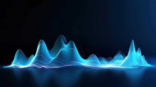 Dynamic 3D waveform in neon blue and purple hues, viewed from a low angle. Perfect for a futuristic video background or tech-themed project. Live desktop wallpaper.
