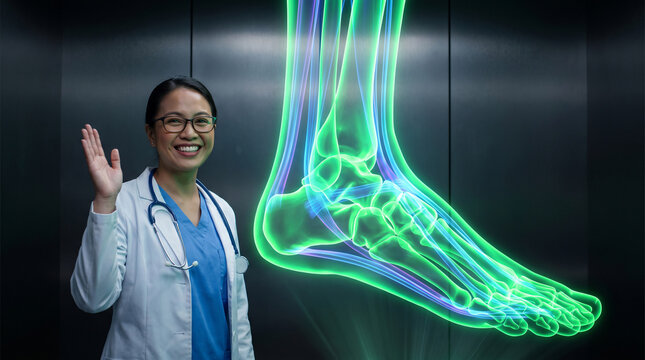Female podiatrist standing next to a glowing green hologram of human foot bone structure showing skeletal joint anatomy in clinic