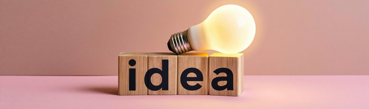 Illuminated Idea: A glowing light bulb rests atop wooden blocks spelling out idea, symbolizing inspiration and innovation.