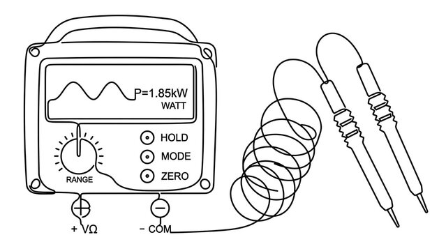 Electrical power meter with probes white background.