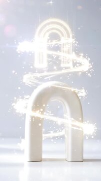 Glowing Arch Light Energy Key Performance Indicator KPI Sculpture, Futuristic Business Concept, Minimal Studio Atmosphere, Soft White Sparkle