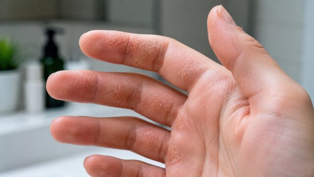 Dyshidrotic eczema blisters on fingers of female hand showing dry peeling skin and itchy vesicles.