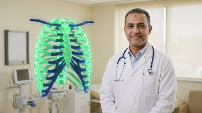 Middle Aged Male Doctor Standing in Clinic Next to Holographic Projection of Human Rib Cage Skeleton for Medical Education and Diagnosis