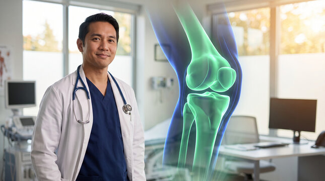 Friendly Asian male doctor standing in clinic office next to a green glowing holographic knee joint anatomy scan, modern orthopedic medicine