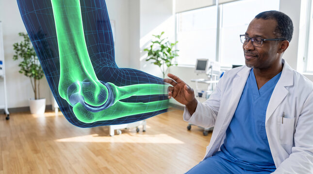 African American doctor examining a glowing 3D holographic elbow joint projection in a modern clinic using futuristic healthcare technology