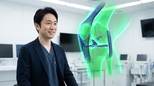Smiling Japanese male doctor looking at a glowing green futuristic holographic 3D model of a human knee joint inside a modern clinic