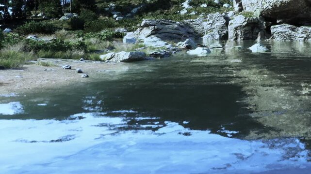 Water is still and reflects surrounding rocks and trees. Green plants and stones are along the shore. Bright sky shows sunlight. This scene is in a natural setting.