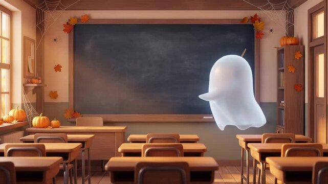Spooky Classroom Chalkboard Background with Friendly Smiling Ghost
