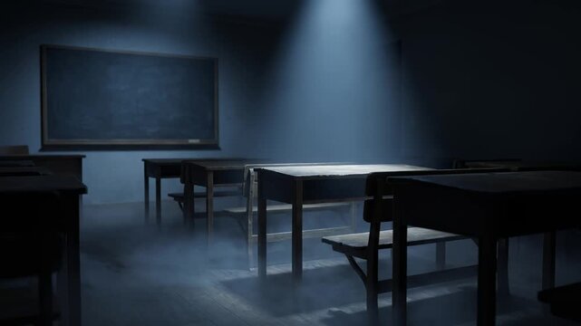 Spooky Classroom Background with Empty Desk and Mist at Night