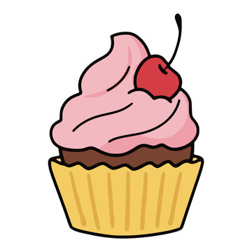 sweet delicious cupcake with cherry topping snack dessert flat color vector illustration template design