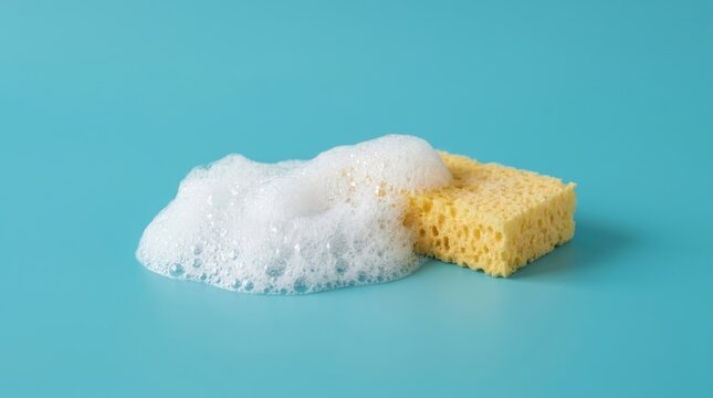 Yellow cleaning sponge with thick white soap foam on bright blue studio background