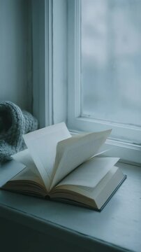Cozy video concept with a soft-focus angle, capturing an open book and knitted scarf by a window, evoking a serene, contemplative mood. Live mobile wallpaper.