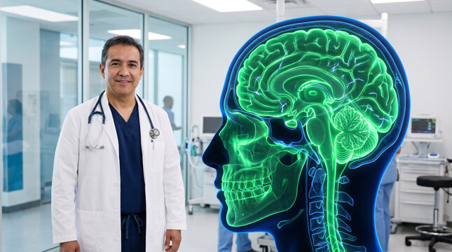 Professional male neurosurgeon smiling next to a glowing green futuristic 3D hologram of a human brain and skull in a modern clinic