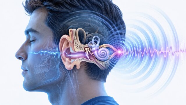 Human ear anatomy showing sound waves transmission into cochlea and brain auditory pathway of man.