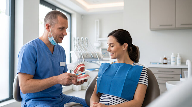 Dentist teaching preventive oral care with dental model