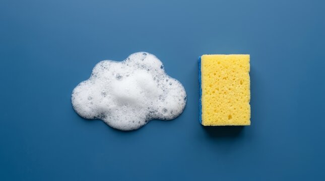 Porous yellow kitchen sponge and white soap bubble lather on blue background area