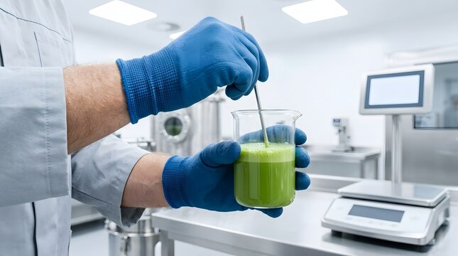 Lab technician stirring matcha latte in glass beaker with blue gloves