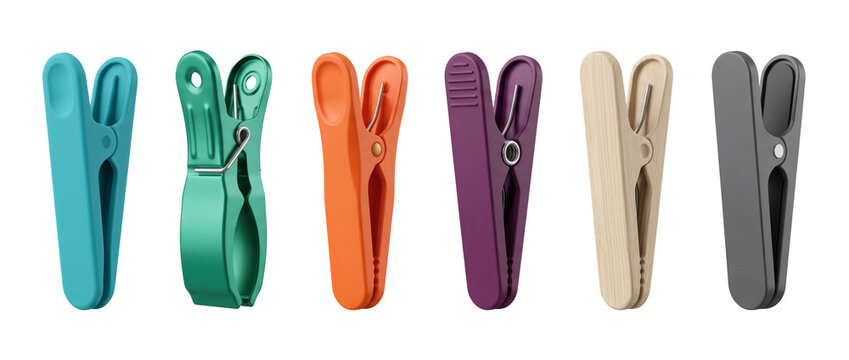 Home organization, colorful plastic clothes pegs isolated on transparent background. laundry drying hanging clips cutout. Perfectly crafted professional graphic design components collection.