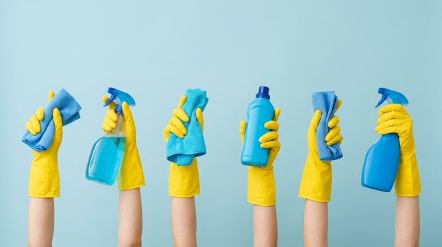 Hands in yellow gloves present cleaning solutions for home sanitization tasks