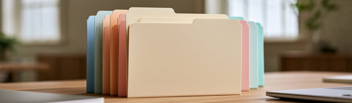 Folder Organization: A row of colorful manila folders neatly arranged on a wooden desk, ready for document management and organization.