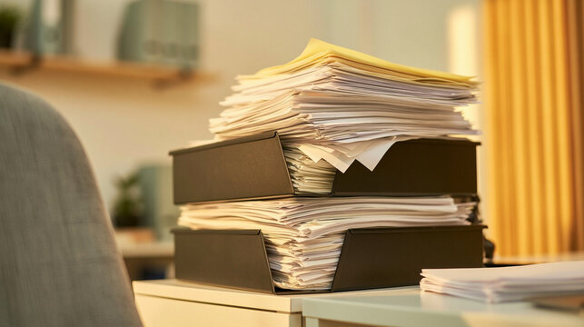 Stack of Papers on Desk: A neat stack of documents and files sits on an office desk, suggesting a busy workflow or organized record-keeping.