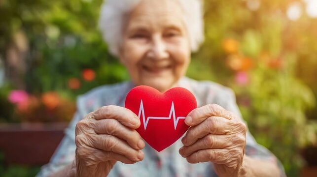 Smiling Elderly Woman Holding Red Heart with ECG Waveform Outdoors