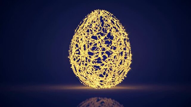 A glowing, abstract egg shape made of golden lines against a dark background. Captured from a low angle, this video art piece evokes mystery and elegance. Live desktop wallpaper.