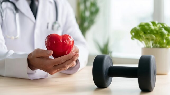 Doctor holding red heart model beside dumbbell for cardiovascular health and fitness
