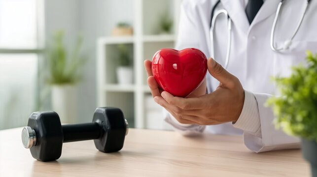 Doctor holding red heart model beside dumbbell for heart health and fitness