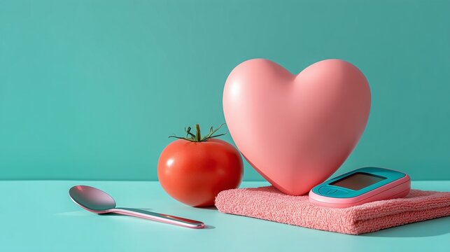 Heart health concept with pink heart, tomato, digital health device, spoon and folded towel