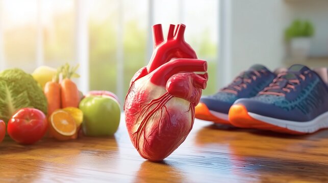 Healthy lifestyle concept with anatomical heart model, fresh produce and running shoes