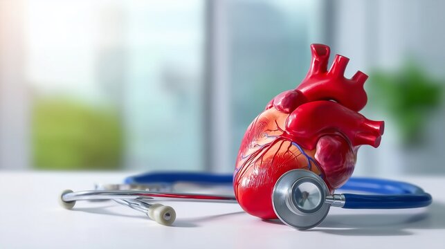 Anatomical heart model with stethoscope for cardiology and cardiovascular healthcare