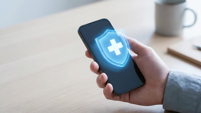 Healthcare insurance smartphone medical protection hand technology application for mobile digital healthcare service access and secure coverage