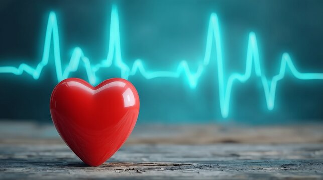 Red heart with glowing ECG pulse line on blue medical background