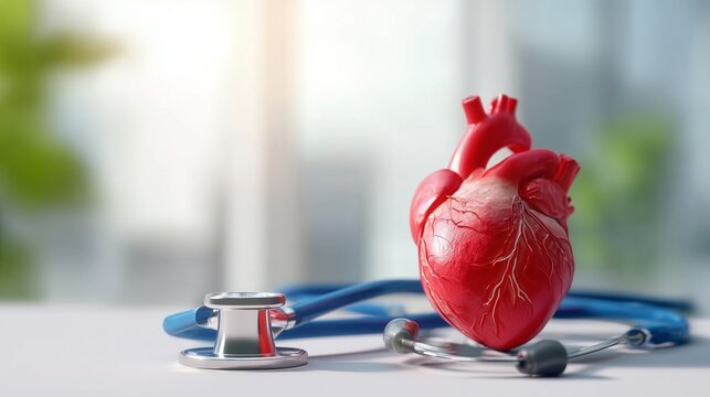 Red anatomical human heart model beside blue stethoscope on medical desk