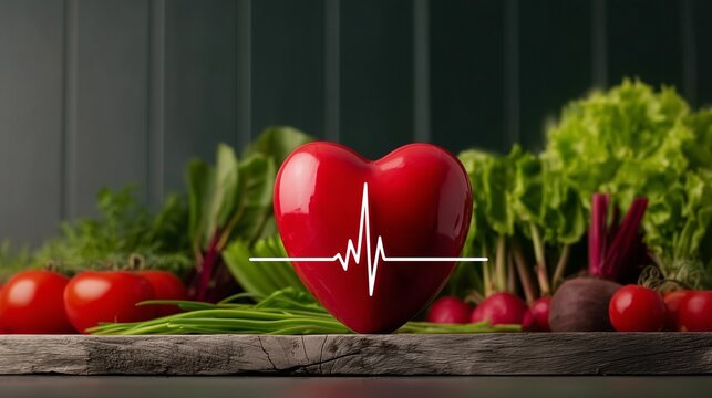 Red heart with ECG pulse line and fresh vegetables for cardiovascular health and nutrition