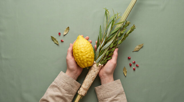 Jewish festival of Sukkot celebration with four species or arba minim.