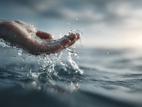 Close up of a person cupping hands in clear water with splashes and droplets