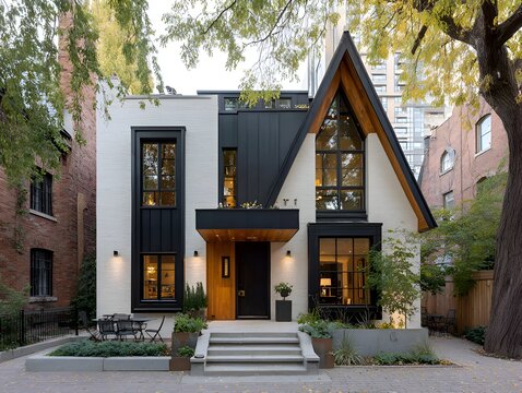 Modern detached house with unique triangular roof and black framed windows, brick facade