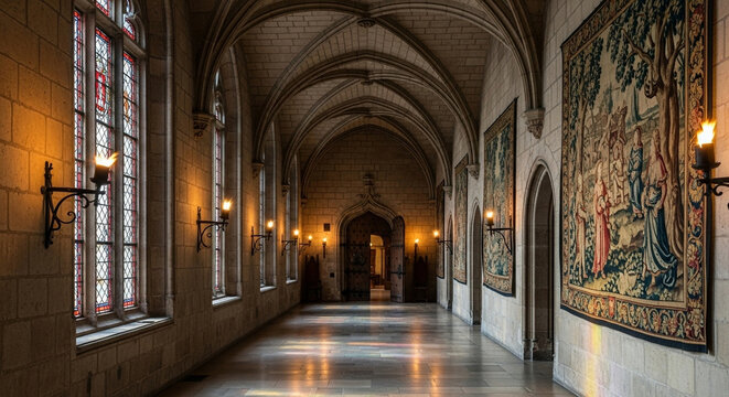 A magnificent medieval castle interior featuring vaulted stone ceilings, ornate tapestries hanging along the historic hallway, and warm candlelight glowing softly from sconces on the ancient