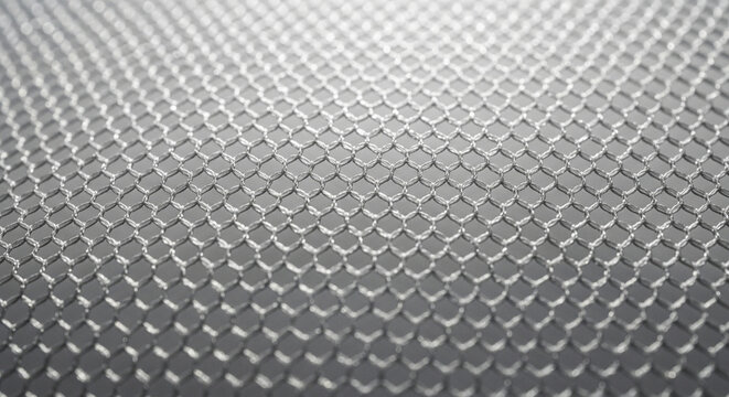 Industrial perforated grey metallic mesh showing an intricate recurring pattern with gleaming highlights across the durable steel surface during an angled perspective view in an active