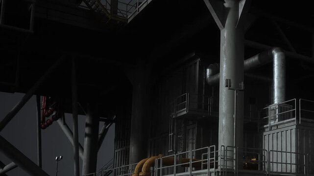 A tall oil platform stands in darkness during night. The structure has many pipes and metal frameworks. Small lights are visible on the platform.