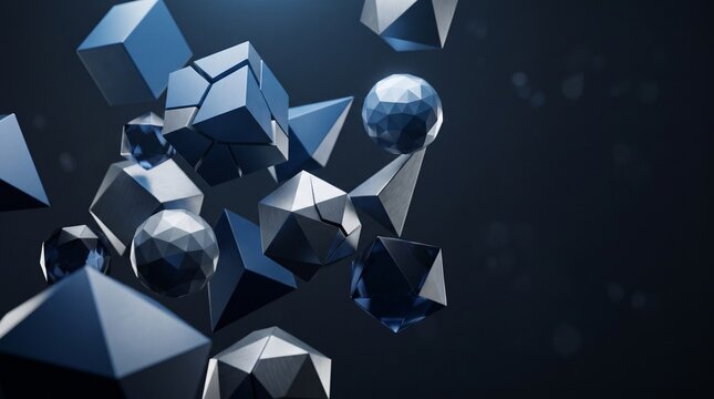 Abstract geometric shapes floating in dark space with subtle lighting and bokeh effects