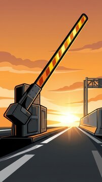 Automatic Road Barrier Overlooking Sunlit Highway At Dusk