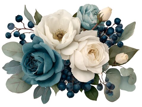 Elegant bouquet of white and teal roses with blueberries and eucalyptus leaves